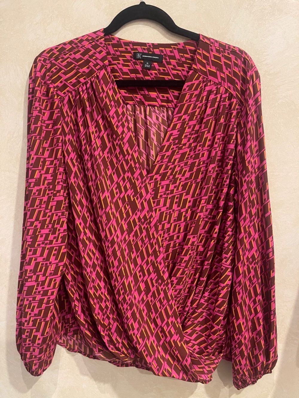 INC International Concepts Pink and Brown Geometric Wrap Blouse